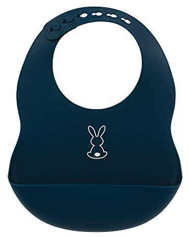 Nattou Bavoir en Silicone Avec Bol de Collecte, Lapin, Taille Réglable, Sans BPA, Environ 20 x 27 cm, Silicone, Bleu Marine