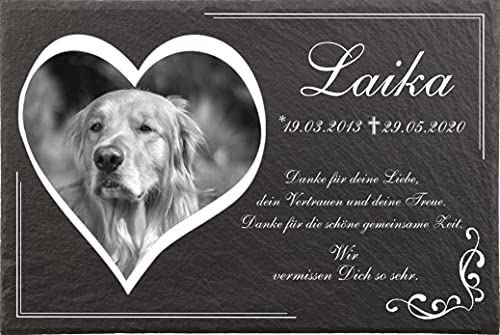 Tiergrabstein Hunde mit eigenem Bild in Herzform und Text, Grabsteine für Hunde mit personalisierter Gravur Hunde, Katzen, Kaninchen, Haustiere Gedenksteine aus Naturschiefer 30x20 cm
