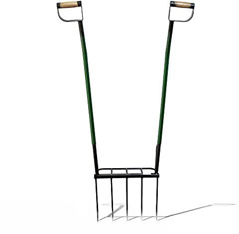 AGROFORJA Horca de Doble Mango (ergonómico y Giratorio) 5 púas + Rejilla Desterronadora de Fácil Acople: Dimensiones: 7Kg Medidas: 40 x 130 x 40