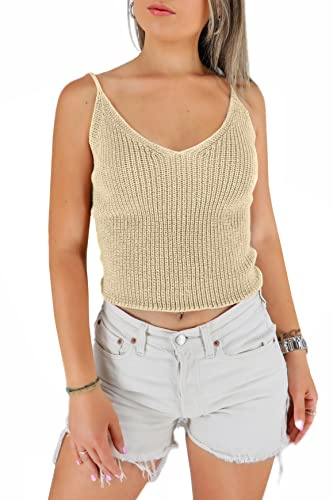 JOPHY & CO. Top Crop in Maglia Donna a Spalla Stretta Scollo V in Cotone Elasticcizato (cod. 1501) (L, Beige)