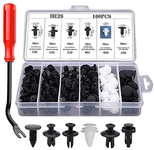LCOUACEO Remaches Plastico, Universales Grapas Coche 100 Pcs 6 Tamaños Clips Carrocería de Coche Puerta del Coche Parachoques Fender Liner Sealing Strip Clips Fijos con Herramienta de Desmontar