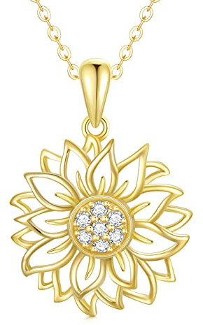 SISGEM 9 ct Gold Sunflower Necklace for Mum, Solid Yellow Gold 0.056cttw Nature Diamond Necklace, You are My Sunshine, for Women Girls Ladies Sisters, 46cm