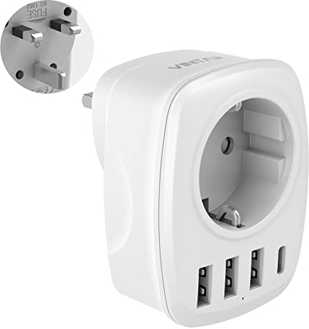 Reiseadapter UK Adapter England Deutschland Stecker, VINTAR Steckdosenadapter Reisestecker Stromadapter mit 3 USB A und 1 USB C Anschluss, geeignet für Großbritannien England Irland Malaysia, TypG