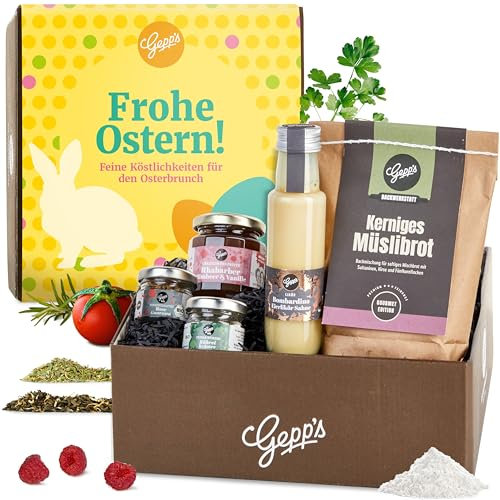 Gepp’s Feinkost Geschenkbox Oster Brunch I Gourmet Frühstücks-Ostergeschenk für Erwachsene I Genuss Box zu Ostern mit Delikatessen wie Bombardino Eierlikör oder Rhabarber Himbeer Fruchtaufstrich