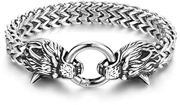 PiercingJak Men Viking Wolf Head Bracelet for Men Stainless Steel King Double Franco Chain Men's Nordic Viking Norse Jewelry Biker Amulet Odin's Wolf Bracelets