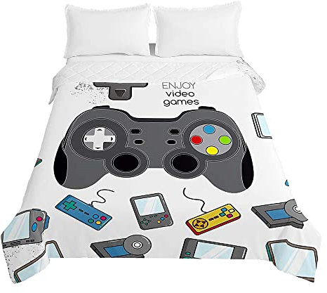 Chickwin Tagesdecke Bettüberwurf Steppdecke, Game Spiel 3D Tagesdecken mit Präge Wohndecke aus Mikrofaser Sommer Gesteppt Bettdecke Bettbezug für Einzelbett Doppelbett (Weiß,180x220cm)