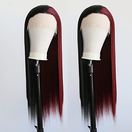 Towarm Halbschwarze und burgunderrote Mittelteil synthetische Lace-Front-Perücke für schwarze Frauen, handgebundene Cosplay-Perücke (gerade, schwarz und burgunderrot)
