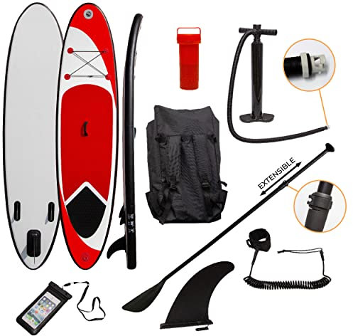 Inflatable Paddle Board Red Stand Up 10ft SUP Lightweight 6.75kg Water Sports Surfboard Non-Slip Deck Carry Bag Pump Adjustable Paddle Elasticated Ankle Leash 3 Fins Waterproof Phone Case Repair Kit