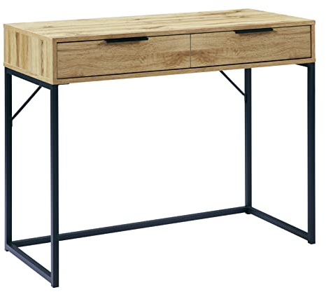 Julian Bowen Bali Dressing Table, 2 Drawer, Light Oak Effect - H80 x W100cm | Industrial Style Vanity Table for Bedroom, Minimalist Grey, Black Metal Legs & Handles, Rustic