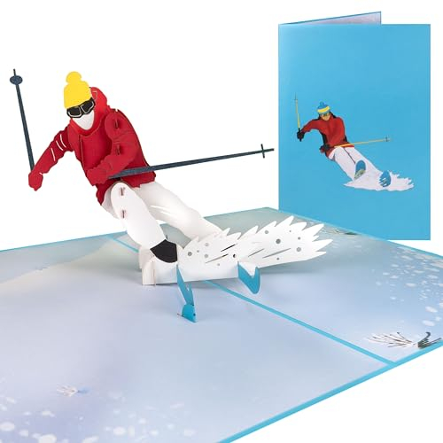 Sweetpopup® Ski Pop Up Karte Glückwunschkarte Gutscheinkarte Glückwunsch Winterurlaub Skifahren | Handgefertigt & mit Notizkarte | Grußkarte Skifahrer 028z