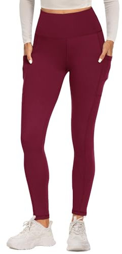FOTOCITI Sport Leggings Damen mit Tasche High Waist Sportleggins Lang Blickdicht Sporthose Push Up Yogahose Bauchweg Laufhose Fitnesshose Hose(Weinrot, S-M)
