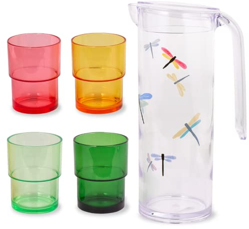 Kate Spade New York Ensemble pichet gigogne avec pichet à eau et 4 tasses réutilisables, pichet en plastique de 1,6 l avec couvercle, gobelets de 226,8 g, vol libellule