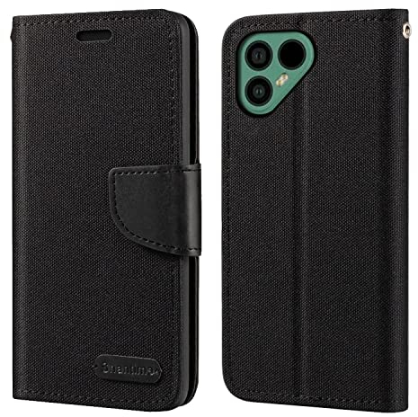Oxford Stoff und PU Leder Flip Handyhülle Kompatibel mit Fairphone 4, Robuste Klapphülle mit Kartenfächern und Magnetverschluss (Schwarz)
