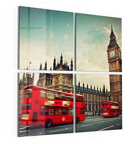 DEQORI Glasbilder Acrylglas | Motiv Rasende Busse vor Big Ben | quadratisch 4-teilig 100x100 cm | große XXL Deko | Wandbilder für Wohnzimmer, Schlafzimmer, Flur & Küche | moderne Wanddeko