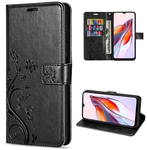 betterfon Hülle Kompatibel mit Xiaomi Redmi 12C | Premium PU Leder Handyhülle Wallet Case für Redmi 12C | Schutzhülle Blumen Klapphülle Handyhülle | Schwarz
