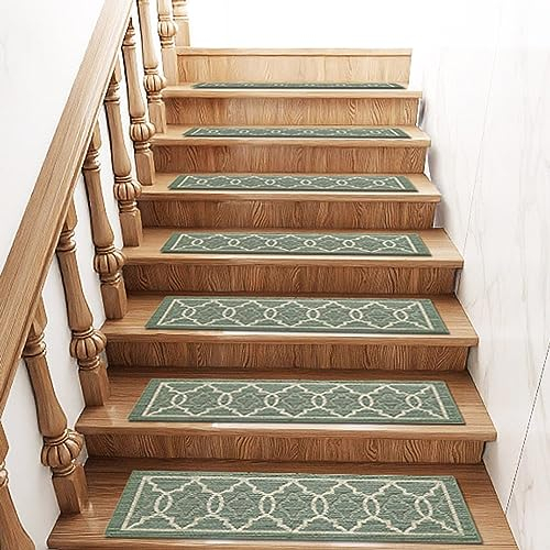THRILRUG 20x76cm, 7 stück weiches Treppenteppich, rutschfeste Treppenmatten, rutschfest, für den Innenbereich, für Holzstufen, Treppenläufer, Teppiche für Kinder (grün, 7 stück)
