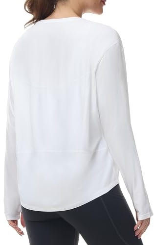 THE GYM PEOPLE Women's Long Sleeve Workout Shirts Back Loose Fit Running Tee Tops with Thumb Hole White