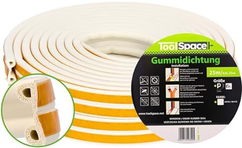ToolSpace Türdichtung Selbstklebend Dichtungsband Dichtungsgummi Door Sealing Strip P Profil Weiß Gummidichtung für Fenster & Türen 25M Fensterdichtung Anti-Kollision Gummi Schaum Schaumstoffband