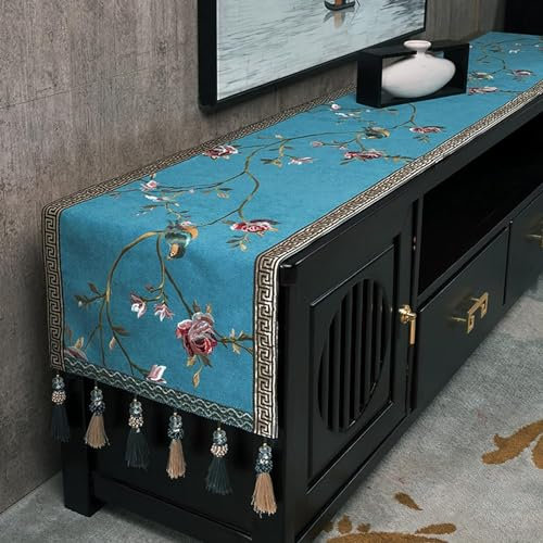 Tischläufer Chinesischer Stil Stickerei Bett Läufer Mit Quasten, Orange Blau Beige Gelb Grau Couchtisch-Läufer Für Wohnzimmer, Rechteckige Tische Und Hochzeitsparty (A, 50X200CM)