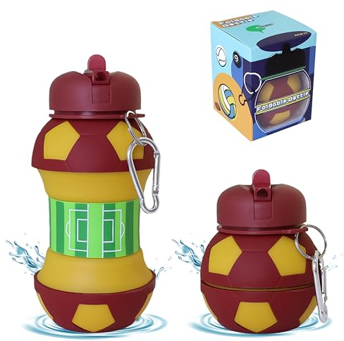 CODiLLO Cantimplora, Botella Niños Plegable de Silicona Sin BPA, Idea Regalo (550 ml, Fútbol Amarillo Rojo)