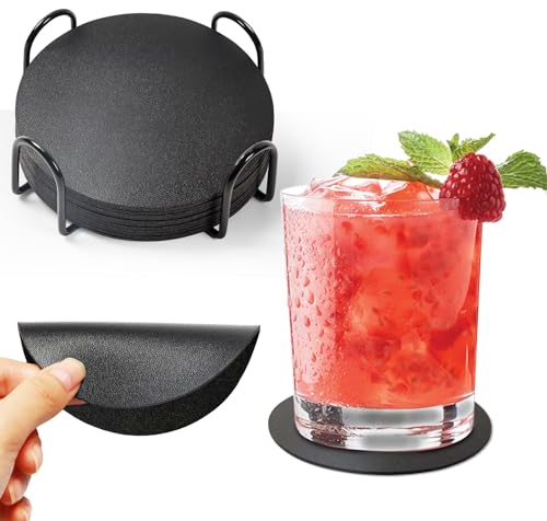 Gotanc Lot de 12 dessous de verre avec support, dessous de verre aspect cuir synthétique dessous de verre antidérapants (noir)