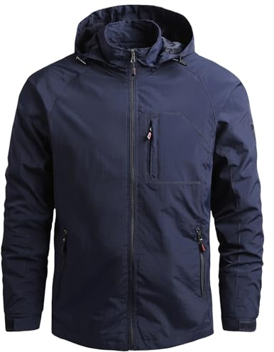 Aotoyou Blousons Homme Coupe-Vent à Capuche Imperméable Veste de Pluie Vestes de Randonnée Softshell Bleu Marine S