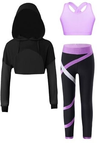 FEESHOW Kinder Trainingsanzug Mädchen Sport BH Und Leggings Set Mit Hoodie Kinder Workout Sport Outfit Jazz Dance Tanzkleidung Hip Hop Kleidung Lavendel_A 146-152