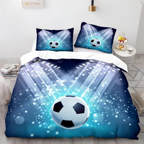 Copripiumino 150x200 cm Blu Set di Biancheria da Letto, Tema Sportivo Di Calcio Motivo Adulto Uomini Adolescenti Bambini Ragazzi Set di Copripiumini + 2 Federe 50x80 cm