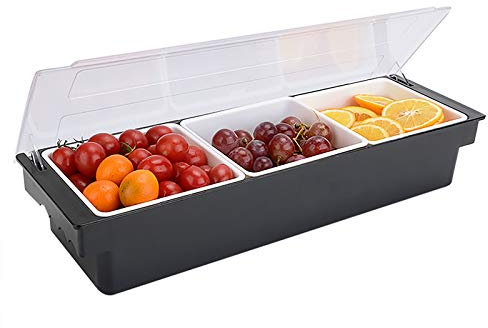 MEHOOSPVN 3 Fächer Zutatenbehälter, Gewürzspender Garnieren Kunststoff Obst Caddy Home Veggie Box mit Deckel für Restaurant Buffet und Trays Food Condiment Dispenser Bar Top Garnish Center