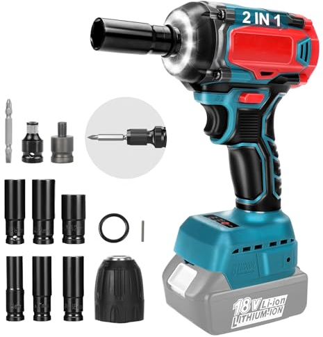 Atornillador de impacto con batería de 450 Nm, compatible con Makita BL1820B BL1830B BL1840B BL1850B BL1860B batería de litio de 18 V, llave de impacto sin escobillas de 1/2 pulgadas con 6 llaves (sin