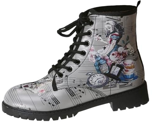 Stivali da donna Punta tonda Tacco largo Stivaletti con plateau gotico Stivali da combattimento da motociclista punk stringati Stivaletti corti in pelle con stampa multicolore