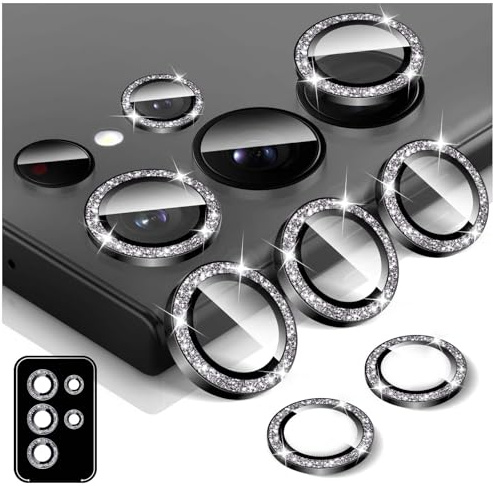 Kucheed Bling Camera Lens Protector for Samsung Galaxy S23 Ultra, 9H Tempered Glass Camera Cover Screen Protector, Glitter Automatic Alignment Individual Metal Rings Film Stickers