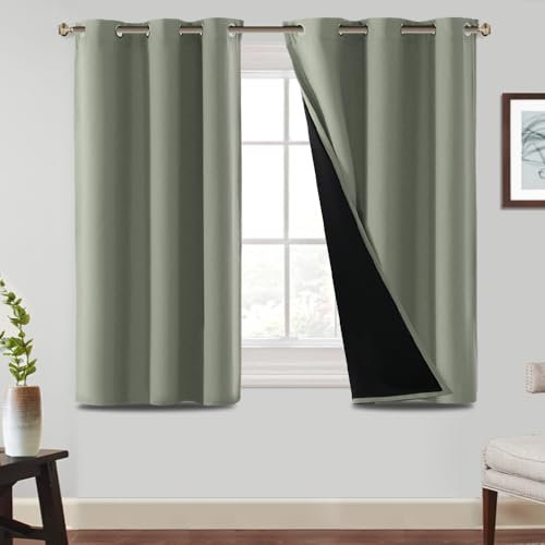 BellaHills 100% Verdunkelung Ösenvorhang 2er Set Kurze Gardinen Wohnzimmer vorhänge H 137 x B 117 cm Schlafzimmer Gardinen und Vorhang Kälteschutz & Wärmeisolierend, Salbei hell