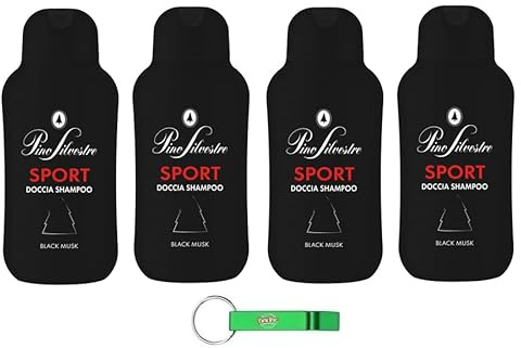 4x Pino Silvestre Duschshampoo Sport Doccia Shampoo,Duschgel Duft nach Black Musk 250ml + Beni Culinari Kostenloser Schlüsselanhänger