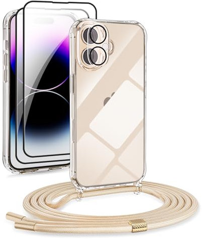 DiDaDi [5 in 1 Handykette Set für iPhone 16 Handyband Necklace Hülle mit Bands+Transparent Schutzhülle+2*Schutzfolie+kameraschutz Glas, Schutzhülle zum Umhängen Kordel Case (Gold, iPhone 16)
