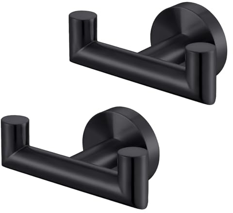 Scettar 2 Pcs Double Black Door Hooks, Kitchen Bathroom Stainless Steel Black Door Hook, Wall Mounted Screw-Fixed Clothes Hanger, Heavy Duty Coat Hooks for Kitchen and Bathroom