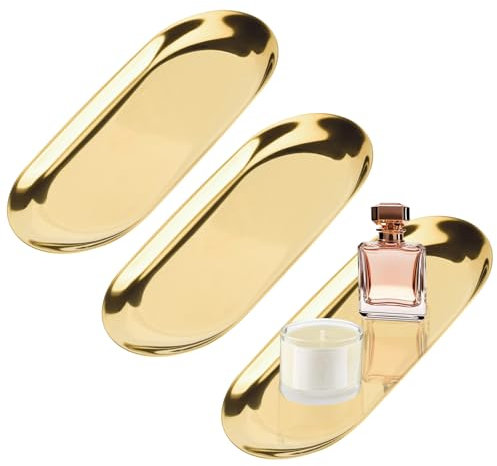 Pilikoll 3 Pezzi Vassoi Portaoggetti in Acciaio Inossidabile Ovale Vassoio Decorativo Dorato Vassoio Ovale in Metallo Vassoio Oro Vassoio Decorativo in Acciaio Inossidabile per Tè, Torta, Cosmetici