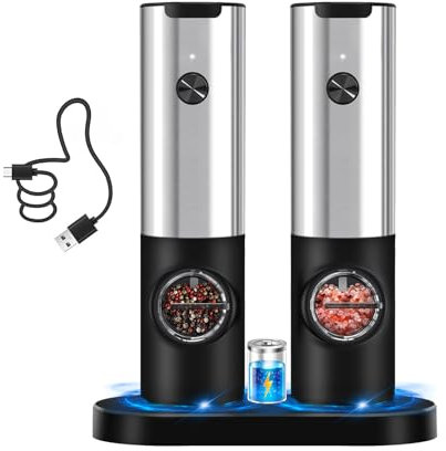 Elektrische Salz und Pfeffermühle Set Wiederaufladbar, USB-Ladestation, Automatischer Pfeffer und Salzmühle Gewürzmühle Nachfüllbar, Einhandbedienung, Einstellbare Grobheit, LED-Licht