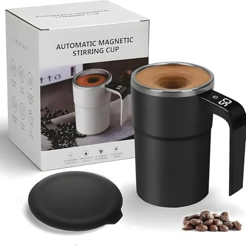 Sentechx Intelligent Coffee Cup with Lid, Stainless Steel Rechargeable Self Mixing Coffee Mugs, Automatic Magnetic Stirring Coffee Mug with LED Display Temperature for Home Office Travel (Black)