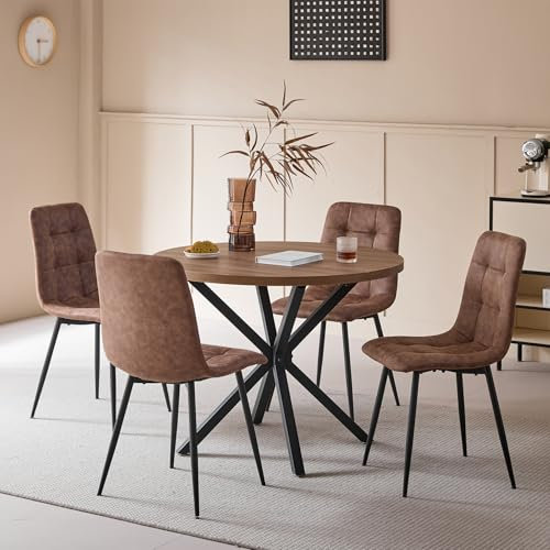 DEYARNA HOME Essgruppe 5-Teilig, 100cm Runder Esstisch und 4 Kunstleder Esszimmerstühle, Tisch und 4 Stühle für Küche, Wohnzimmer, Balkon, Restaurant, Büro (Dunkle Holzfarbe+Hellbraun)