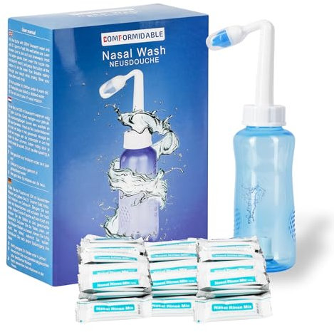 Comformidable Nasendusche 300ml mit 90x Nasenspülsalz (2,7g) - Für Erkältungen, Allergien, verstopfte Nase zur Nasenreinigung, Nasenspülung, Nasenpflege - Nasenspülkanne mit Salz 8720892322005