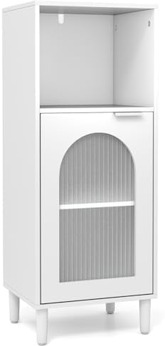 COSTWAY Bathroom Floor Cabinet, Freestanding Storage Cupboard with Tempered Glass Door & Adjustable Shelf, Solid Wood Legs Slim Bathroom Unit Cabinet for Living Room Hallway, 35x30x90cm (White)