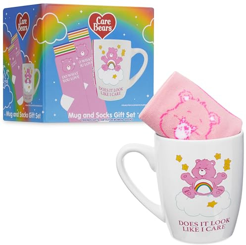 Get Trend Care Bears Mug & Socks Set for Women & Teens, 315ml/11oz Durable Tea Coffee Mug with Casual Calf Socks, Stocking Fillers Gifts for Her (White/Pink Care Bears)