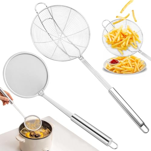 Großes Edelstahl-Sieb 37,5 cm, Sieb mit Hakengriff, Spinnennetz-Siebkellenfilter, Löffel, zum Kochen in der Küche, Braten, Braten von Nudeln oder Knödeln, spülmaschinengeeignet (2, Silber, 39cm)