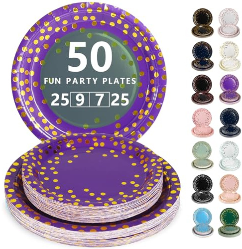 Nkaiso 50 Pcs Purple Gold Disposable Party Paper Plates Set | Party Supplies- 25x9inch & 25x36inch Plate Elegant Disposable Tableware for Birthday, Wedding, Shower