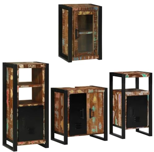 QJBSAVVA Badezimmermöbel Set 4-TLG Mehrfarbig 55x35x60 cm Massives recyceltes Holz mit 5 Türen Moderner Landhaus-Stil Großer Stauraum für Badezimmer Gäste-WC und Flur