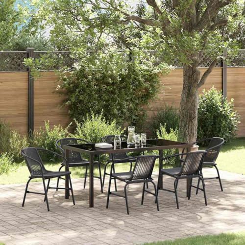 QJBSAVVA Gartenmöbel Set Schwarz 7-TLG Poly Rattan Outdoor Essgruppe 6 Gartenstühle klappbar mit Tisch Modernes Design Robust und Langlebig für Balkon Terrasse Garten