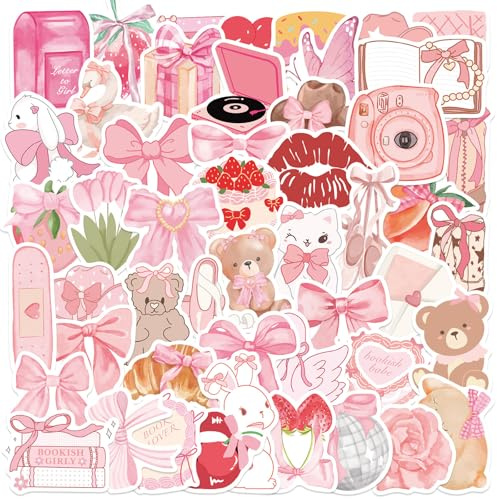 OuryTech Sticker Aesthetic, 100 Stück Pink Coquette Stickers Pack Niedliche Girly Aufkleber Wasserdicht Vinyl für Laptop Flasche Handy Gitarre