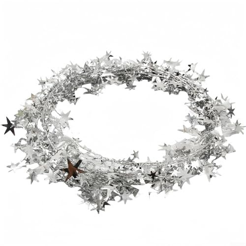 Glewi 7,5 m Lametta-Draht, Sterne, Weihnachtsbaumschmuck, silberfarbener Lametta-Weihnachtsbaum, Girlande, Draht, Hochzeit, Urlaub, Party-Dekoration (Silber)