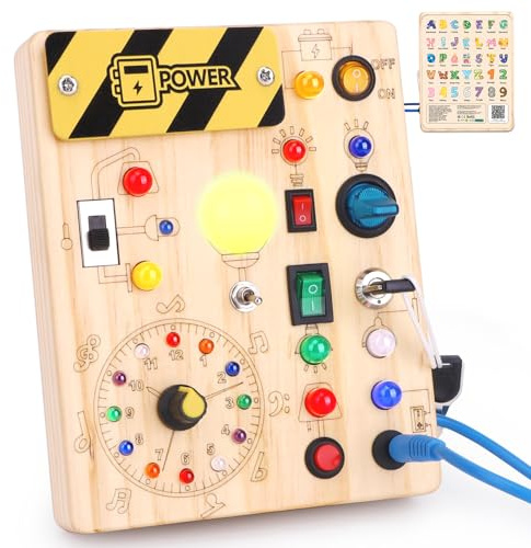 Tableau d'activité Montessori Jouet de motricité en bois à partir de 1 an Tableau d'activité Sensoriel Jouet éducatif avec 10 interrupteurs et 23 voyants LED pour les tout-petits Cadeau pour garçon